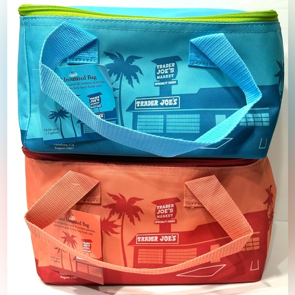 Trader Joe's 2 Mini Insulated Bag Peach, Teal, Blue Tote, New Arrival, NEW - Picture 1 of 8